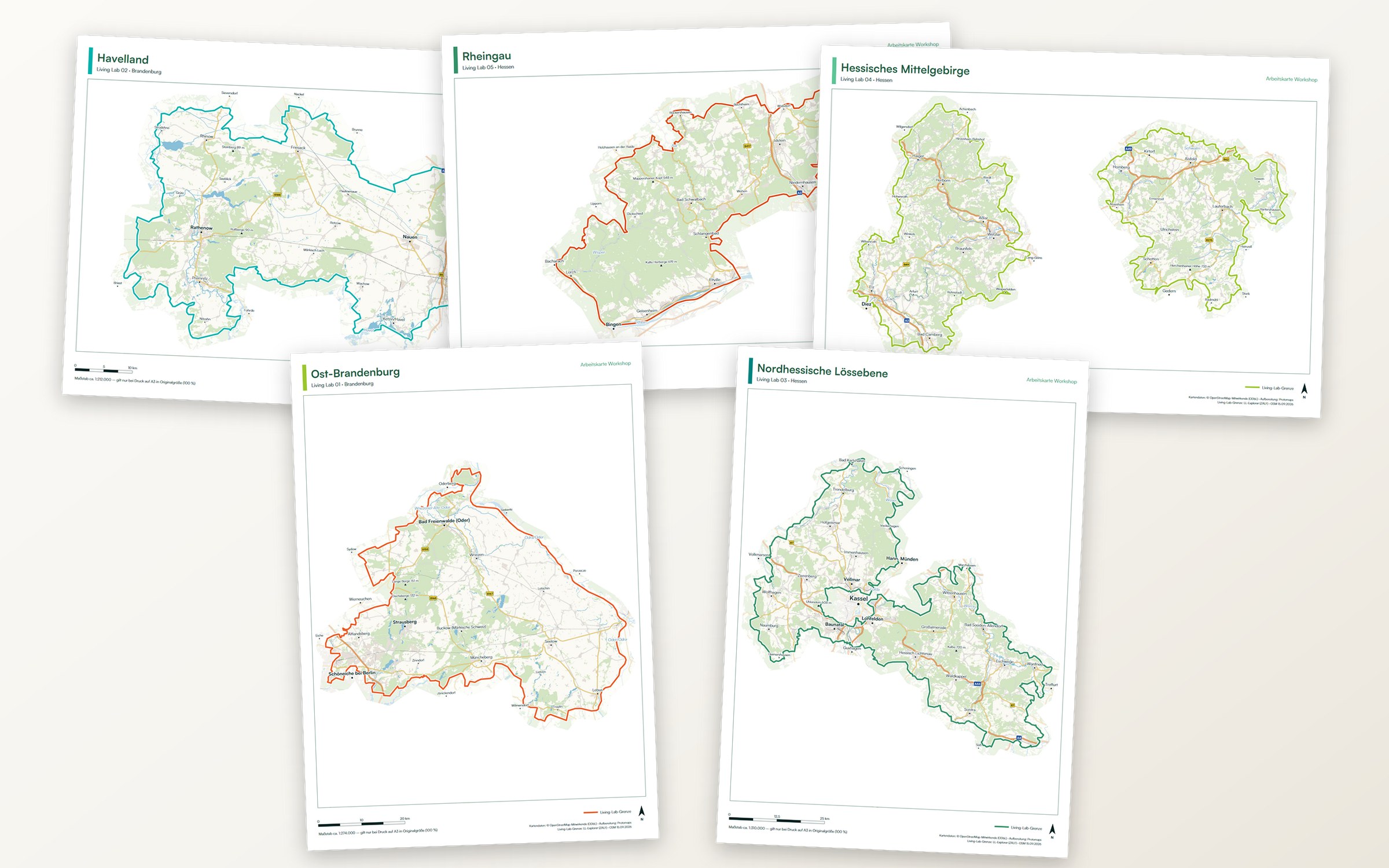 Die fünf A3-Workshop-Karten der Living Labs nebeneinander: Havelland, Rheingau, Hessisches Mittelgebirge, Ostbrandenburg und Nordhessische Lössebene
